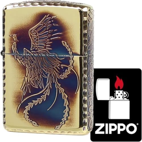 ジッポー(Zippo) オイルライター フリント アーマー 5面加工 唐草 鳳凰 特製ステッカー付き 真鍮製 ゴールド アラベスク 縁起物 鳥 和柄 金