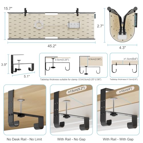 Image of No Drill Under Desk Cable Management Tray, 45.2 inch Felt Cord Organizer | Convertible Cable Tray & Privacy Panel, Clamp or Screw Mount, Pegboard Wire Management, Dual-Layer Felt, Standing Desk