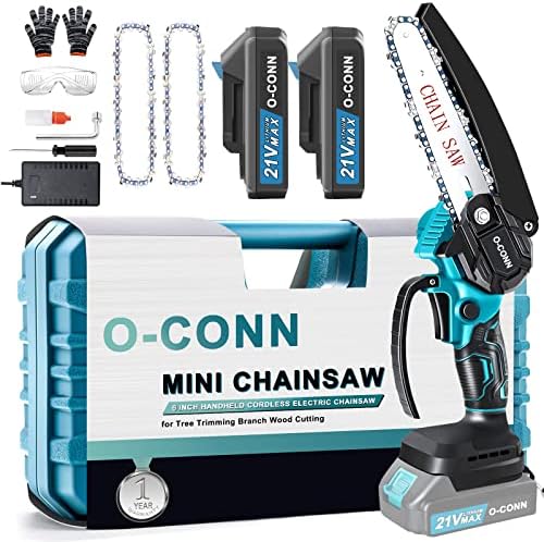 Mini Chainsaw 6 Inch, O-CONN Cordless Electric Chainsaw with 2 Batteries and 2 Chains, 21V Battery Powered Small Handheld Chain Saw with Safety Lock, for Tree Trimming Branch Wood Cutting