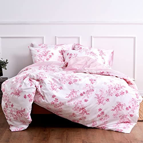 LERUUM Double Bed Duvet Cover Set Cotton Reversible Floral and Striped Pink Bedding Duvet Cover Sets White - Image 2