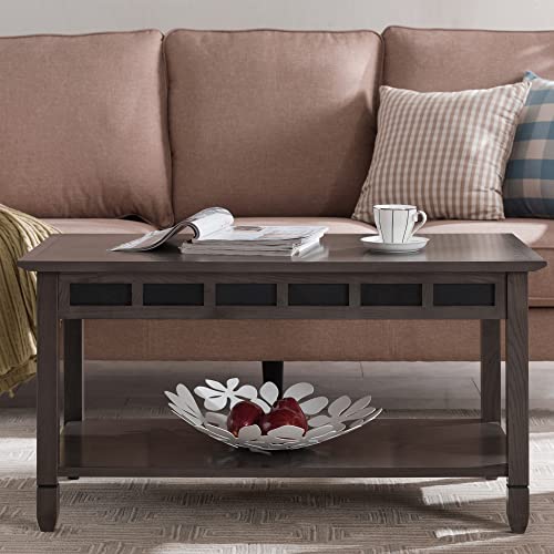 Image of Leick Home Sibley Coffee Table, Solid Wood, Slate Tile Details, Bottom Display Shelf, Easy-Assembly, Living Room, Smoke Gray, 38 in x 20 in x 20.5 in, 10058-GR