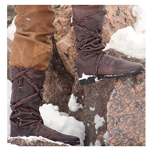 Bnjghcug Chaussures Gothiques Bottes en Cuir pour Hommes Femmes Fermeture Éclair Gland Rétro Chevalier Botte Mi-Mollet Bandage Chaussures Simples Durables Léger Costume De Pirate Viking,Marron,46 Cover