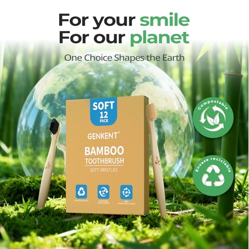 GENKENT Bamboo Toothbrushes 12 Pack Natural Toothbrushes BPA Free Soft Bristles Toothbrush Eco Friendly Charcoal Toothbrush for Travel