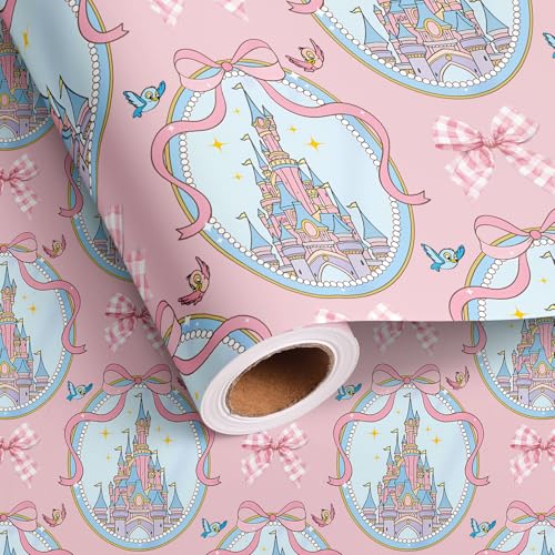 Dlyrroba Princess Wrapping Paper Roll for Girls - Pink Gift Wrap with Castle Bow Design for Birthday Party Baby Shower 17 Inch x 16.5 Feet