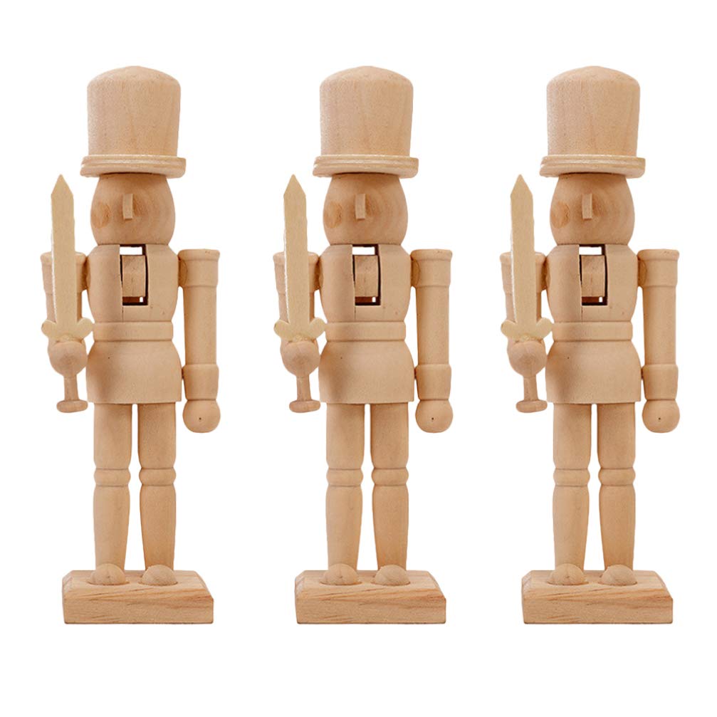 Happyyami 3pcs Unfinished Wood Nutcracker Ornaments Paint Your Own Mini Wooden Nutcracker Figures DIY Unpainted Doll Soldier Puppet Toy for Christmas Craft Supplies 12CM (Random Style)