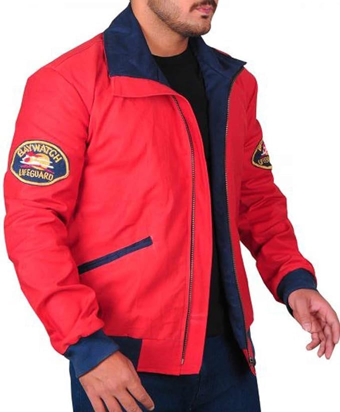 Men's Baywatch David Hasselhoff Lifeguard Beach Life Style Red Cotton Bomber Jacket