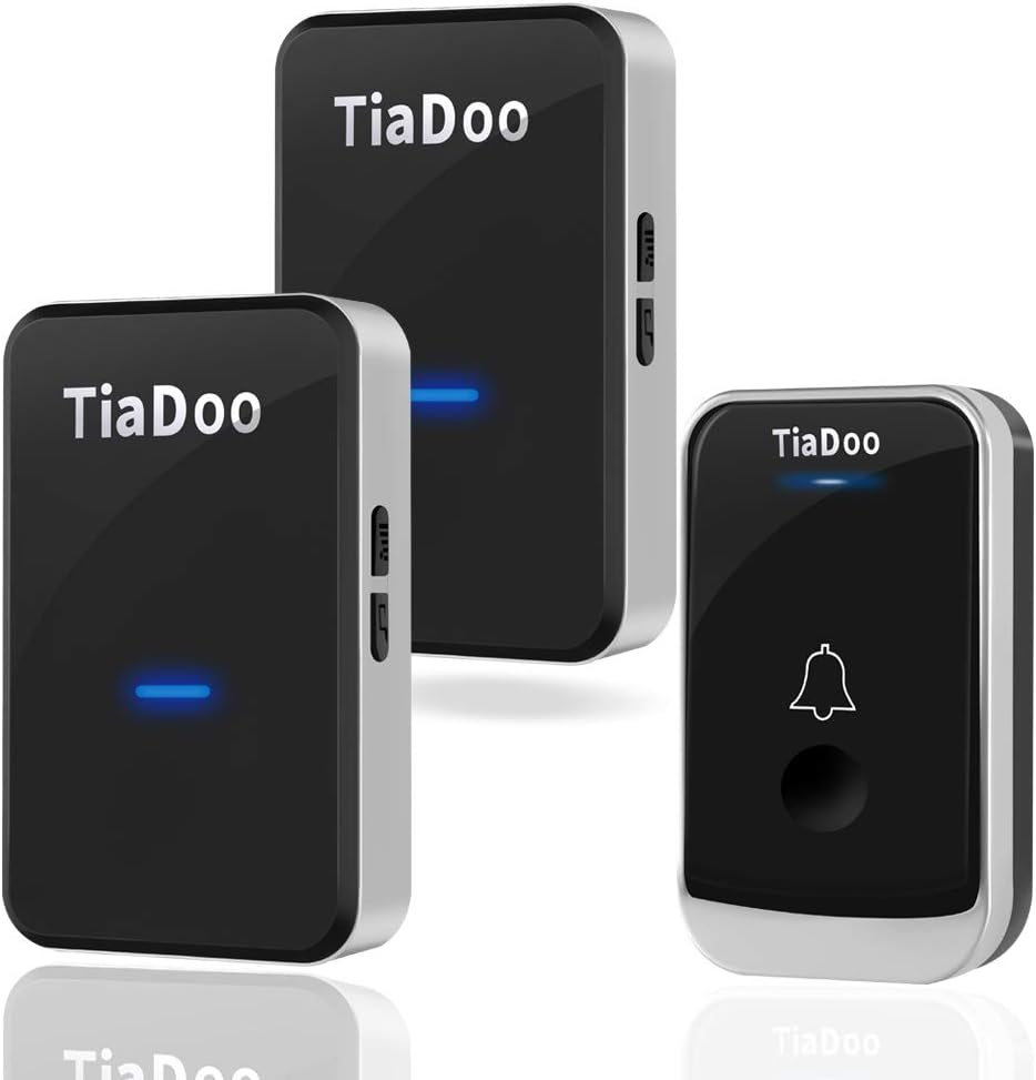 Wireless Doorbell, TiaDoo Loud Door Bell with 2 Plug in Receivers and 1 Push Button, 4 Level Volume, 200m Wireless Range, 45 Chimes, LED Flash Reminder, IP44 Waterproof Cordless Door Chimes, Black