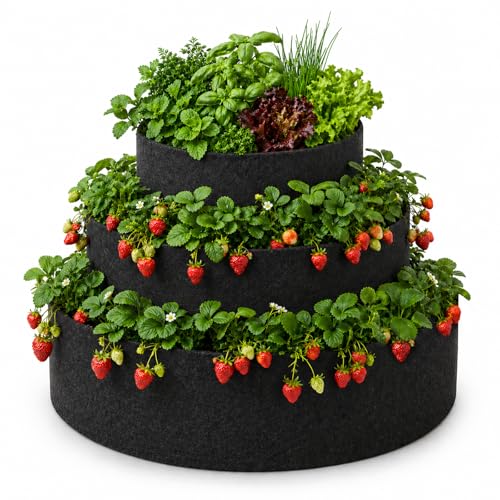 Nilioerup 3 Tiered Strawberry Planter, Fabric Raised Garden Bed Non-Woven Laddered Planter Bag 8 Inch Deep Round Felt Planting Container for Growing Vegetables Herb Plant (3 Tiered)