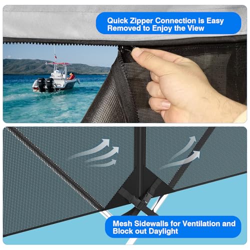 Image of Bimini Top for Boats Boat Canopy with Mesh Sidewalls (Grey,3 Bow 67 inch-72 inch W)