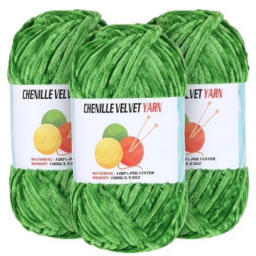 Image of 3 * 100g Velvet Chenille Chunky Yarn for Crocheting, Handcrafts Weaving Soft Chenille Yarn for Crocheting Clearance, Used for Making Baby Yarns Blanket, Clothes, Knitting Creations (Green)