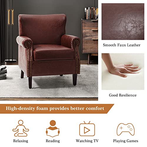 Hulala Home Faux Leather Accent Chairs Set Of 2 With Rolled Armrests & Nailhead Trim, Comfy Upholstered Living Room Armchairs With Removable Cushion, Traditional Sofa Chairs For Bedroom Office, Brown #TOP2