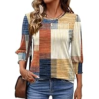 IECCP Women Tops 3/4 Sleeve Tunic Ladies Blouses Round Neck T Shirts Dressy Fashion Smocked Sleeve Clothes Blouses Colorful Plaid M (UK 12-14)