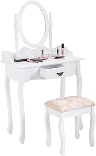 GOFLAME Vanity Table Set with Oval Mirror and Soft Cushioned Stool, Sturdy Wood Dressing Table with Drawers Storage Shelf, Removable Organizers, Bedroom Bathroom Makeup Table for Girls Women (White)