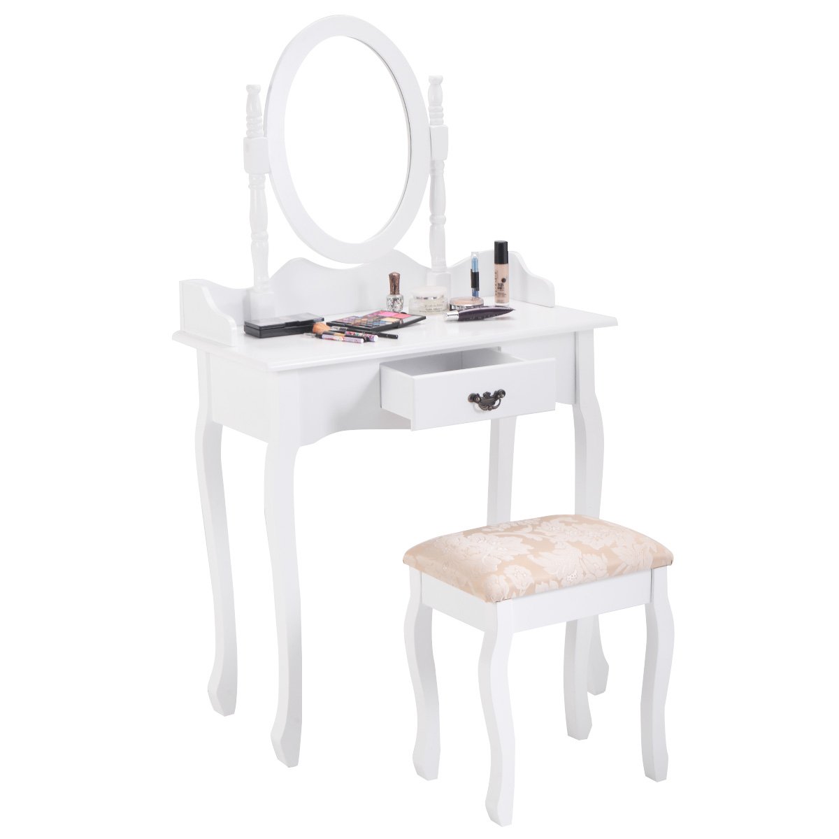 GOFLAME Vanity Table Set with Oval Mirror and Soft Cushioned Stool, Sturdy Wood Dressing Table with Drawers Storage Shelf, Removable Organizers, Bedroom Bathroom Makeup Table for Girls Women (White)-image-9