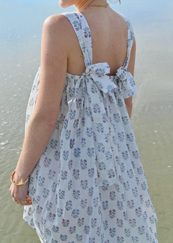 Image of Women Floral Tie Shoulder Mini Dress Cute Square Neck Loose Fit Beach Short Dress Backless Boho Vocation Sundress