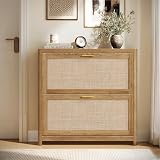 VASAGLE ELLAN Collection - Boho Shoe Storage Cabinet for Entryway Slim, Entry Shoe Cabinet with Rattan-Look Flip Drawers, Rounded Corners, Narrow for Entrance, Natural Brown UHSC601KC01