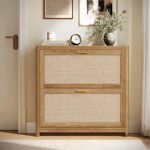 VASAGLE ELLAN Collection - Boho Shoe Storage Cabinet for Entryway Slim, Entry Shoe Cabinet with Rattan-Look Flip Drawers, Rounded Corners, Narrow for Entrance, Natural Brown UHSC601KC01