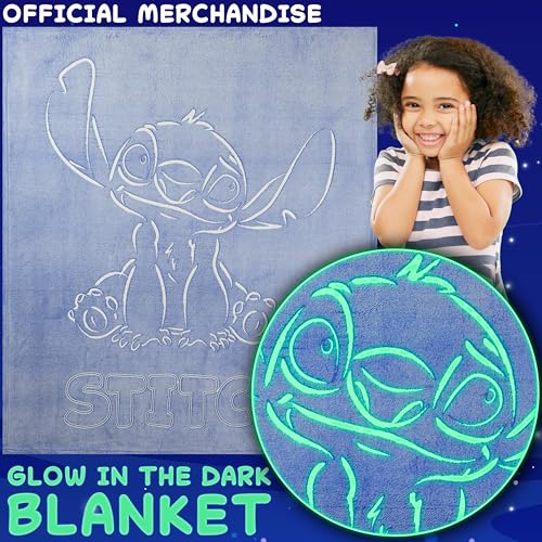 Image of Disney Stitch Glow in the Dark Throw Blanket 51x59 inch, Soft Fleece Throw Blanket for Sofa Bed, Cozy Warm, Gifts for Kids, Teens, Adults (Blue Stitch)