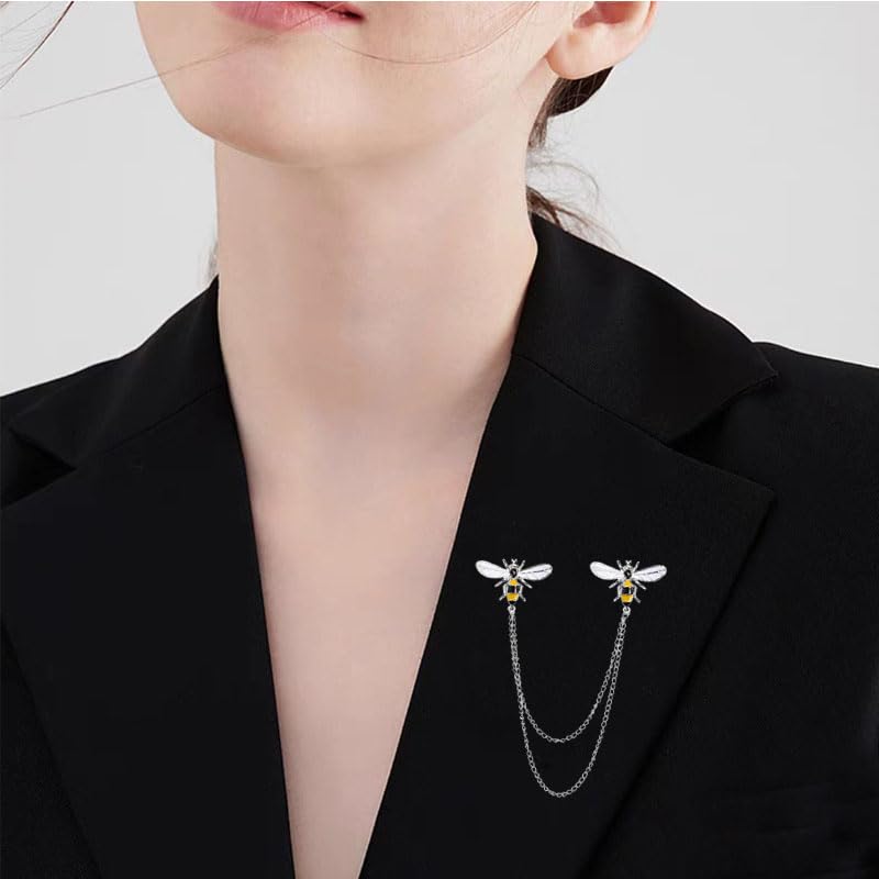 Image of Dreuyet Honey Bee Brooches for Women Men CZ Crystal Cute Bee With Hanging Chain Tassel Badge Suit Collar Brooch Lapel Pin Vintage Insect Themes Hanging Brooches Pins Accessories