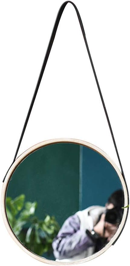 円形壁装飾バニティミラー レザーストラップ付き ラウンドハンギングミラー 木製フレーム バスルーム リビングルーム 寝室用 2サイズ