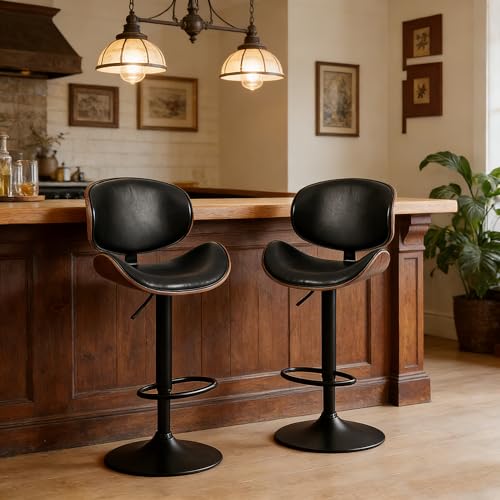 Image of HealSmart Swivel Bar Stools Set of 2, PU Leather, Adjustable Height Bentwood BarStools with Ergonomic Back and Footrest, Ideal for Bar Stools for Bar Counter, Home Kitchen, Dining Room, Black