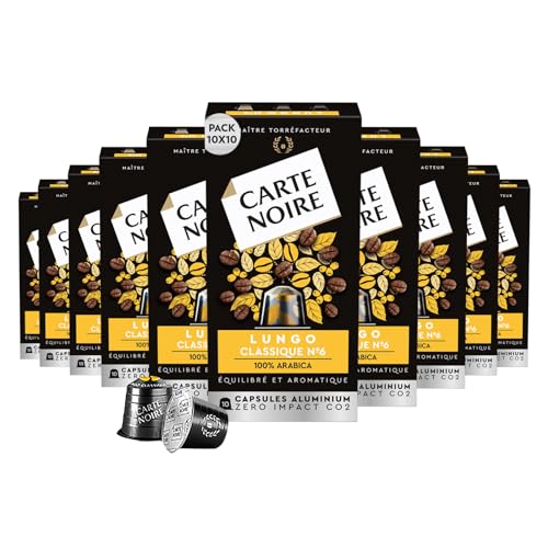 Carte Noire, Espresso Lungo, 100 Aluminium Capsules Compatible with Nespresso Original Coffee Machines, with Roasted and Nutty Aromatic Notes, 100% Arabica, Intensity 8/10, Zero CO2 Impact, 10 Packs