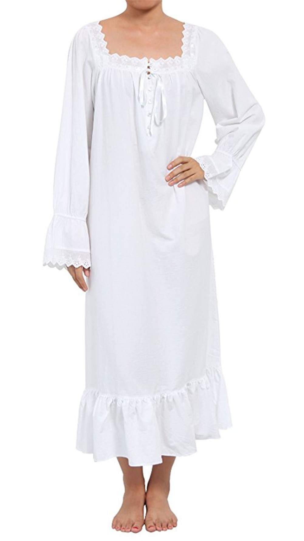 Sawekin Women's White-Long Nightdress 100% Cotton Nightwear Sleepwear Victorian Vintage Nightgown Pajamas Sleep Shirt (, Xl)