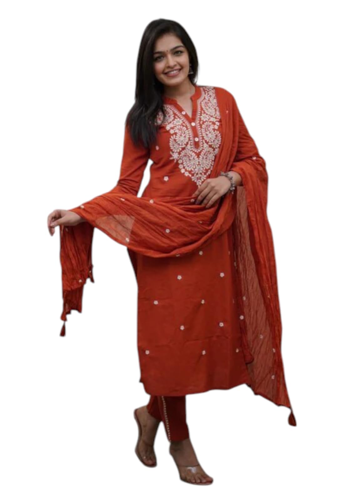 Ensemble kurta imprimé orange de qualité supérieure en chanderi avec finitions coupe droite