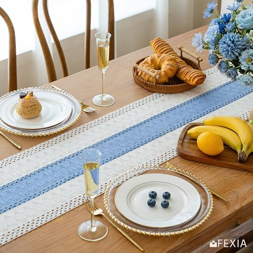 Image of FEXIA Summer Table Runner Light Blue for Home Decor with Tassels 72 Inches Farmhouse Long Rustic Table Runner Macrame Burlap Centerpieces for Tables Decoration for Baby Shower(12x72 Inches)