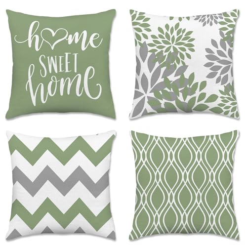 Hexagram Geometric Sage Green Pillow Covers 18x18 Set of 4, Decorative Outdoor Boho Modern Throw Pillow Covers, Home Sweet Home Farmhouse Cushion Case for Couch Sofa Bedroom Indoor Decor(No Insert)