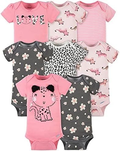 Gerber Baby Girl's 8-Pack Short Sleeve Onesies Bodysuits, Leopard Pink, 0-3 Months