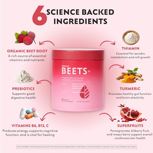 Natrava Beets+ Organic Beet Root Powder Blend Fortified with Vitamins & Prebiotics for Heart Healthy Energy & Nitric Oxide Production