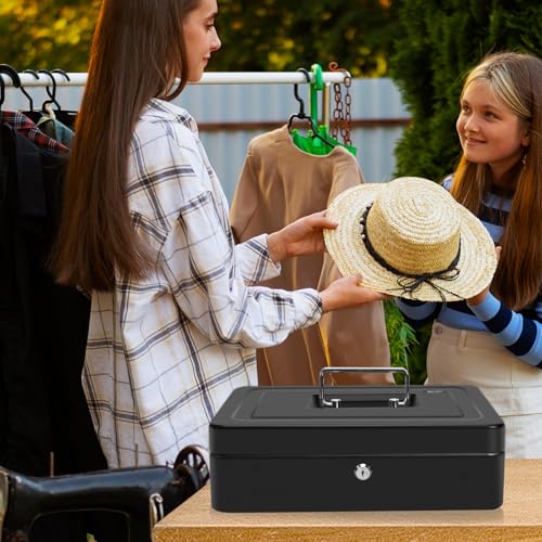 Sgorlds Caixa de dinheiro de metal para dinheiro com 4 notas, bandeja para dinheiro e compartimento