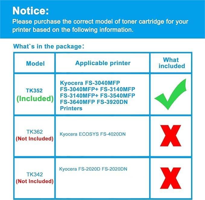 Miniatura 2 de LCL Cartucho de tóner de repuesto compatible para Kyocera TK352 TK-352 FS-3920DN FS-3040MFP FS-3140MFP FS-3540MFP FS-3640MFP FS-3920DN (paquete de 2