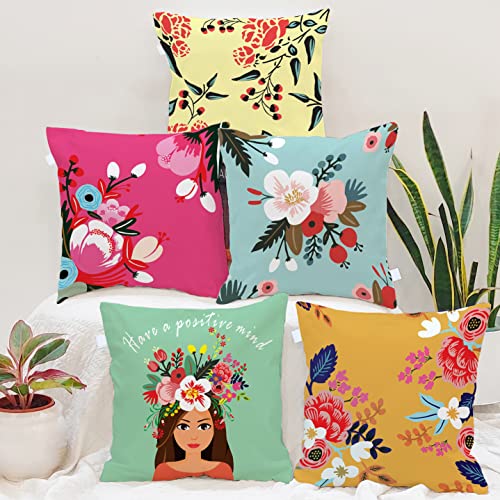 BRICK HOME Set of 5 Polycotton Printed Cushion Covers 12x12 Inches | Floral & Motivational Design | Multicolor Decorative Pillow Covers | Soft Fabric Cushion Covers for Sofa, Couch & Living Room