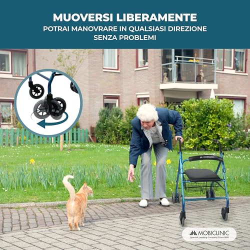 Mobiclinic®, Deambulatore Per Anziani, Prado, Rollator, Alluminio, Marchio Europeo, Pieghevole, Freni A Pressione, Con Sedile, Girello 4 Ruote, Colore Blu - 7