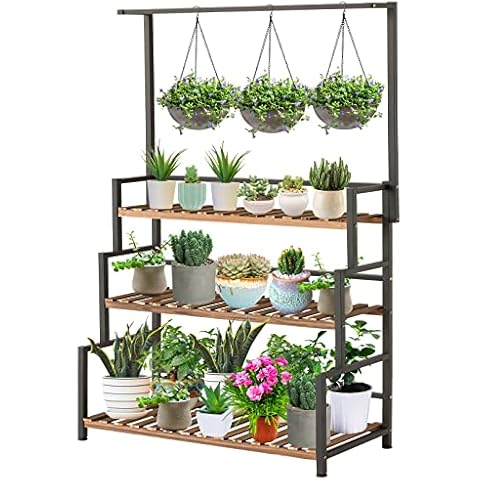 ULIKE Plant Stand Outdoor Indoor Hanging Plant Shelf for Multiple Plants 3 Tier Tall Plant Stand Wood Rack with Metal Frame for Patio Garden Balcony Cover