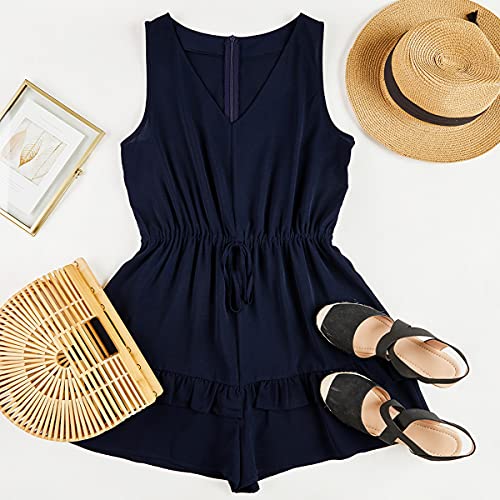 Valphsio Womens V Neck Beach Romper Ruffle Layered Drawstring Waisted Shorts Jumpsuit Navy #TOP3
