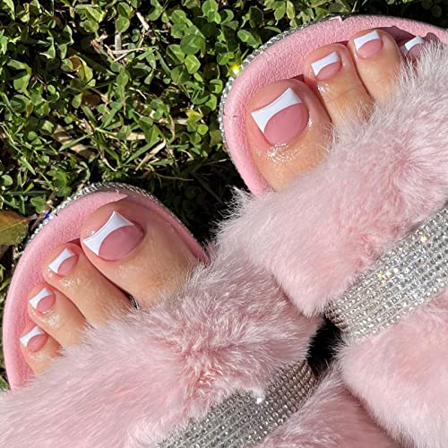 RODAKY 24PCS French Tips Press on Toenails Short Square Toe Nail Tips Full Cover Glue on Toe Summer Beach Acrylic False Toe Nails for Women and Girls (Pink French)
