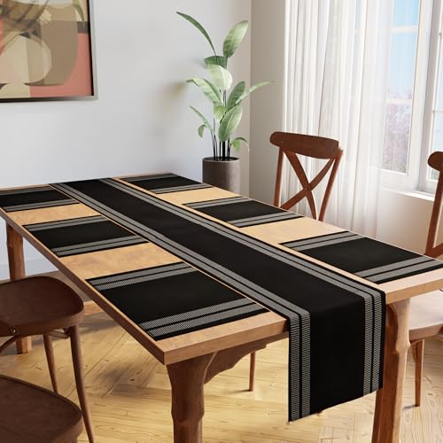 Encasa XO Table Runner and Placemats Set 6 | Fine Ribbed Cotton | Ladder Black | 1 Table Runner Size 13"x72" & Each Table Mat Size 19x13 Inch by Encasa XO - Used condition - Image 2