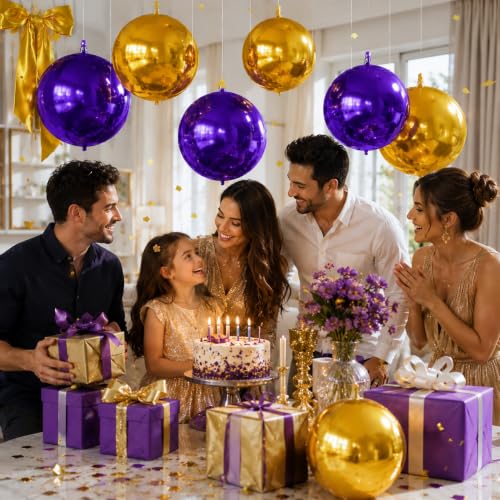 Image of 9 Pcs Purple Gold Round Foil Balloons Dark Purple Metallic Gold Chrome 4D Ball Balloons 22 In Orbz Mylar Balloon for Graduation Grad Birthday Wedding Anniversary Disco Party Decorations
