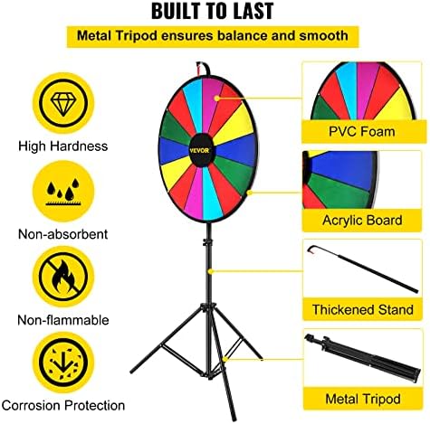 VEVOR 18 Prize Wheel Tripod Floor Stand Color Prize Wheel Fortune Spinner 14 Slots Dry Ease Tradeshow Fortune Spinning Game Black