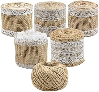 smatime 6 Rolls Burlap Lace Ribbons Jute Craft Ribbon Rolls Natural Hessian Ribbons Roll Brown Burlap Ribbon Bands with White Lace Trim Decoration for Wedding Christmas Party Gift Wrapping DIY Crafts