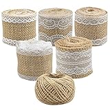 【6 rollos】: el juego de cintas de arpillera smatime incluye 1 rollo de hilo de yute de 30 m de largo y 5 rollos de cintas de arpillera natural con decoración de encaje, en el tamaño de 5 cm / ancho x 2 m / largo.