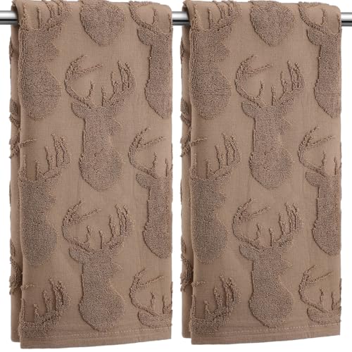 SmoothNovelty 2 Pcs Deer Hand Towels for Bathroom Rustic Cabin Elk Moose 100% Cotton Absorbent Jacquard Weave Brown Decorative Towels for Bathroom Kitchen Decor Gift 13.7 x 29.5 Inch