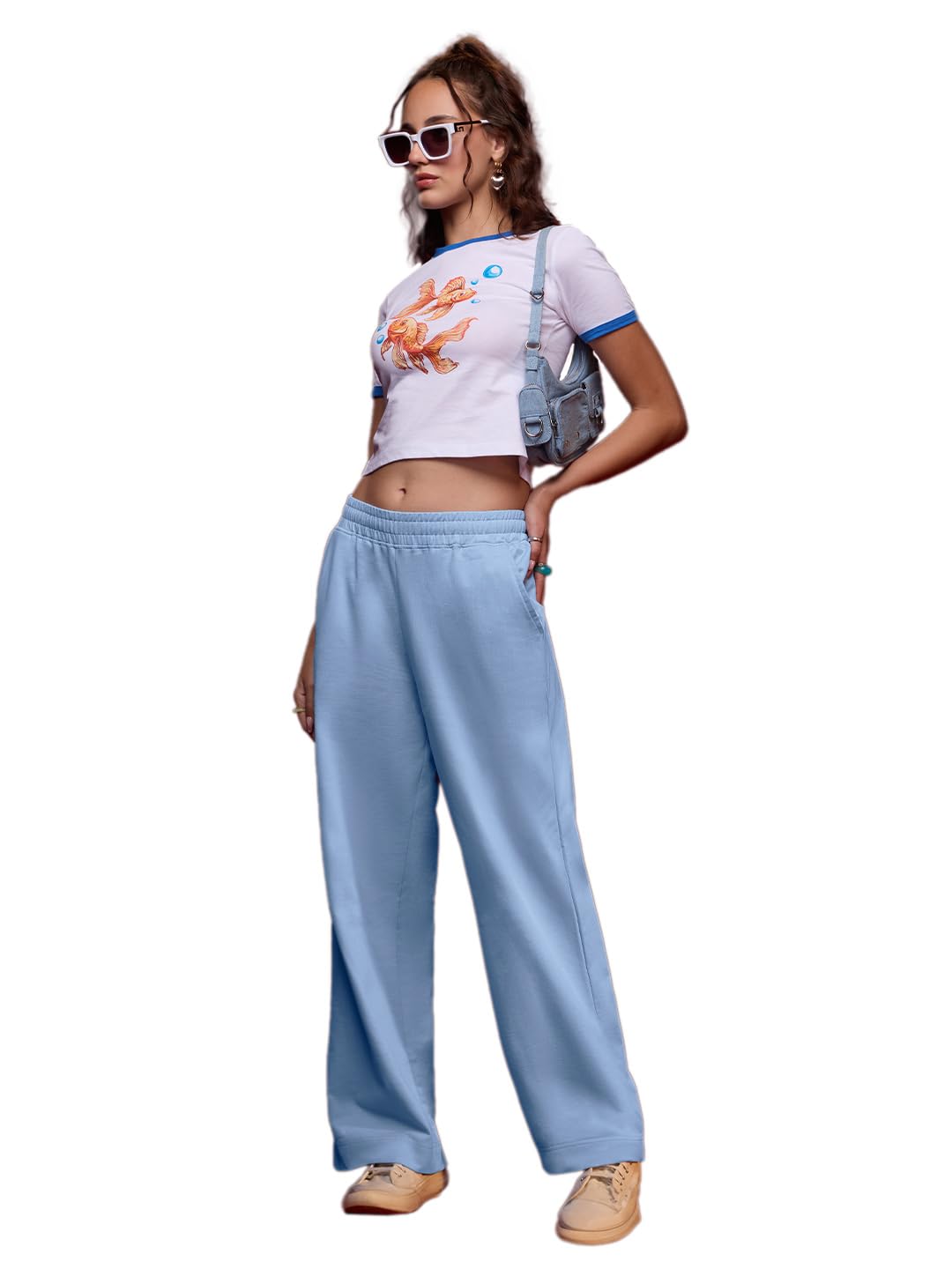 The Souled Store Flared Joggers: Powder Blue Women and Girls Pull On Solid Cotton Flared Joggers in blue