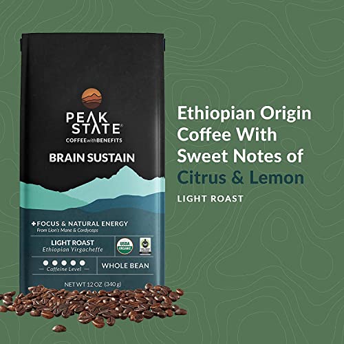 Peak State Coffee With Benefits - Mushroom Coffee Organic Coffee Beans - Brain Sustain Light Roast - Lion's Mane Coffee - Focus & Energy Support - Mold Free, Vegan, Paleo, Dairy & Gluten-Free (12 Oz Bag, Whole Bean - $1.13/Cup) #TOP1