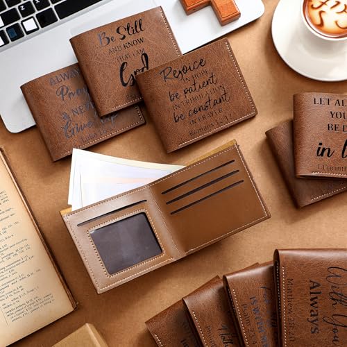 Image of Sadnyy 10 Pcs Brown Christian Gifts PU Leather Wallet for Men | with Money Clip and Cardholder Engraved Leather Wallet Bible Verse Faith Religious Birthday Inspiring Pastor Gifts