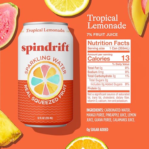 Image of Spindrift Sparkling Water, Tropical Lemonade Flavored, Made with Real Squeezed Fruit, 12 Fl OZ Cans, Pack of 24 (Only 13 Calories per Can)