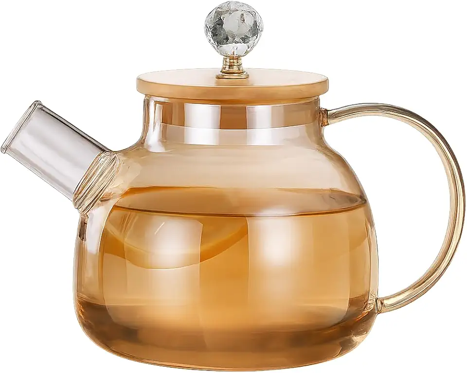 Chaleira de Vidro Borossilicato com Tampa de Bambu, Vai ao Fogão, 1 Litro, Âmbar, Alça Ergonômica, Filtro de Metal Removível - Cozinha e Decoração